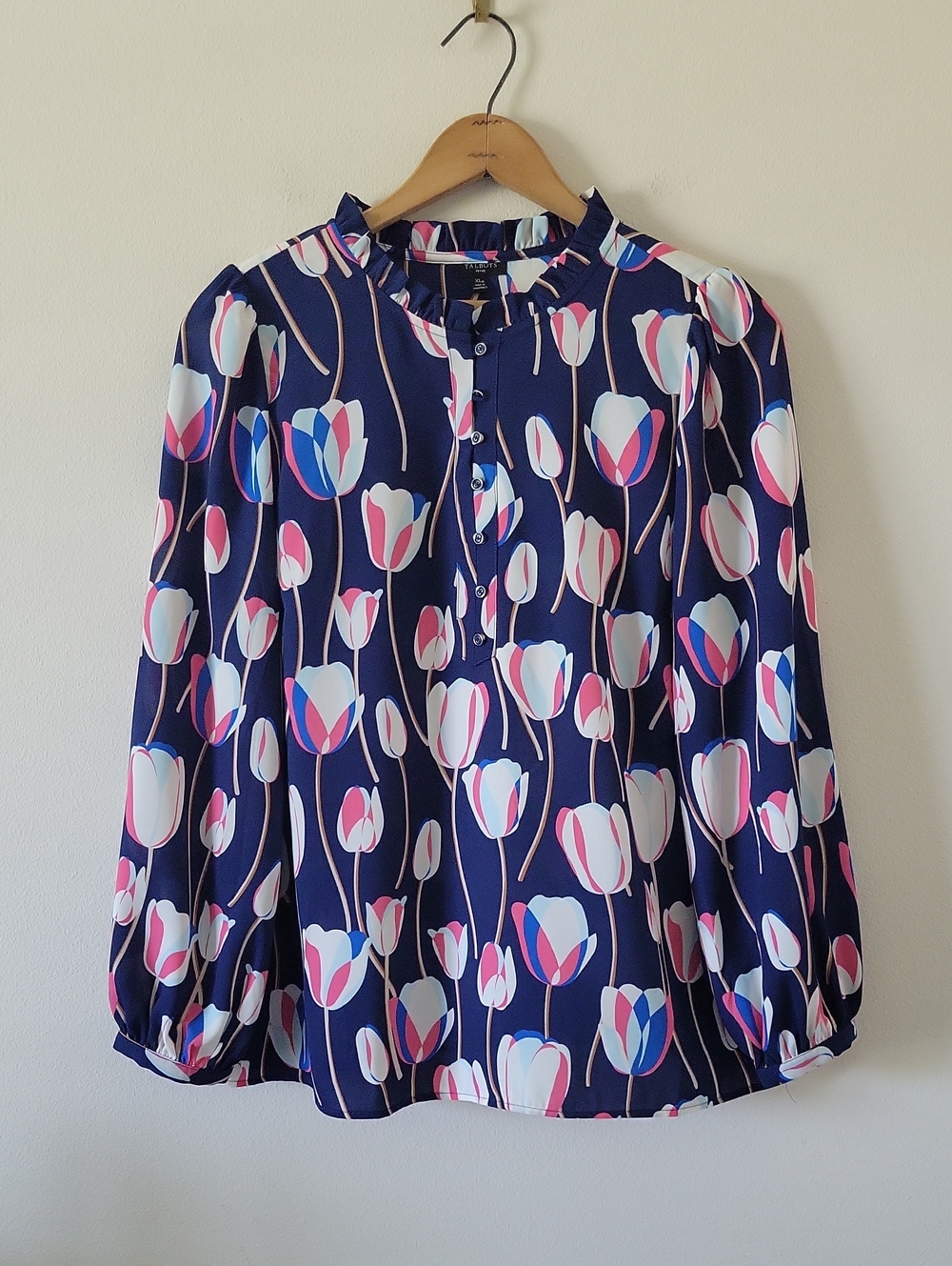 Talbots Navy Tulip Print Ruffle Neck Henley Blouse Size XLP